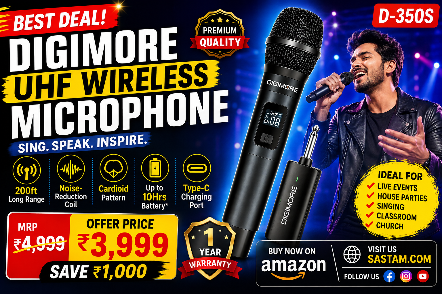 DIGIMORE UHF Wireless Microphone – 200ft Range