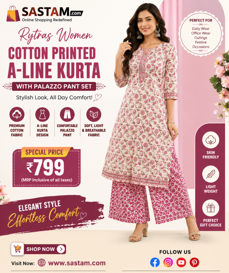 Rytras Women Cotton Printed A-Line Kurta with Palazzo Pant Set