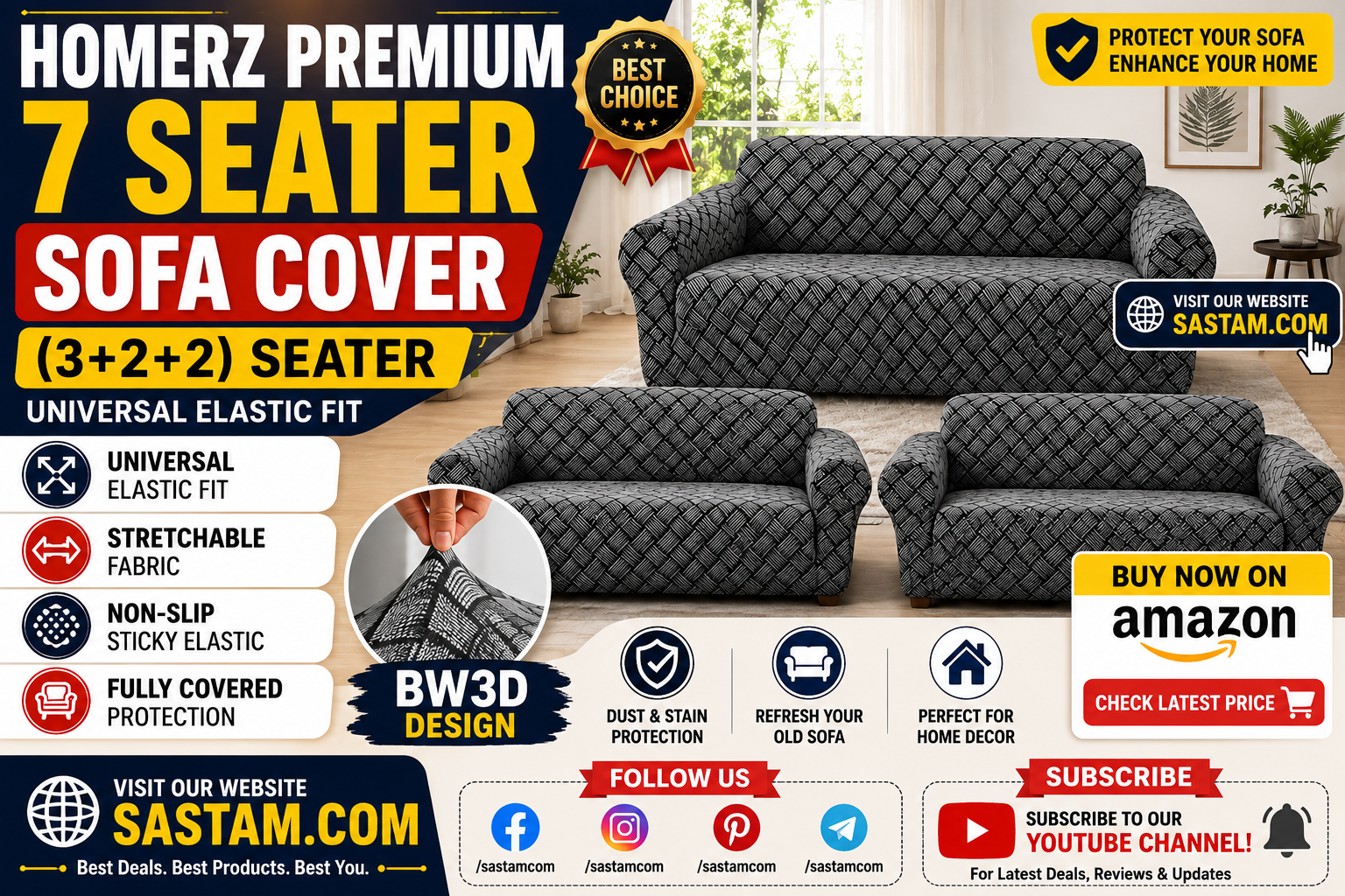 Homerz Premium 7 Seater 3+2+2 Universal Elastic Sofa Cover