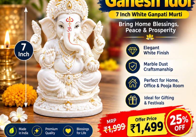Marble Dust Ganesh Idol 7 Inch White – Buy Online