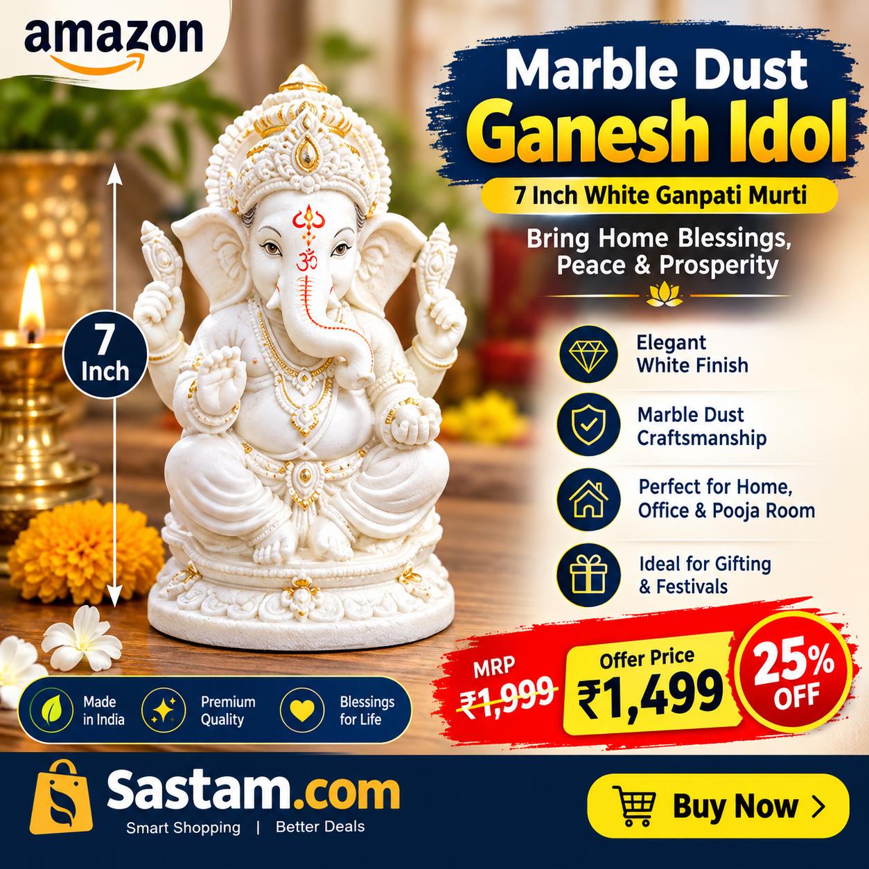 Marble Dust Ganesh Idol 7 Inch White – Buy Online